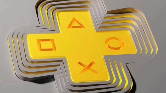 Logo de PS Plus con símbolos de PlayStation en amarillo y fondo gris