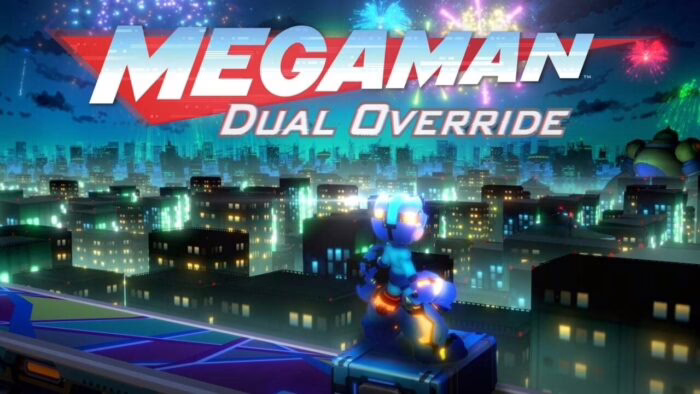 Mega Man observa una ciudad iluminada con fuegos artificiales en el cielo nocturno