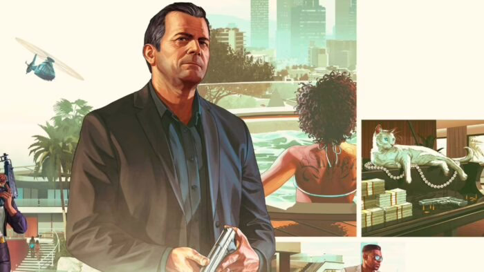 Michael de GTA 5 con fondo de mansión y helicóptero