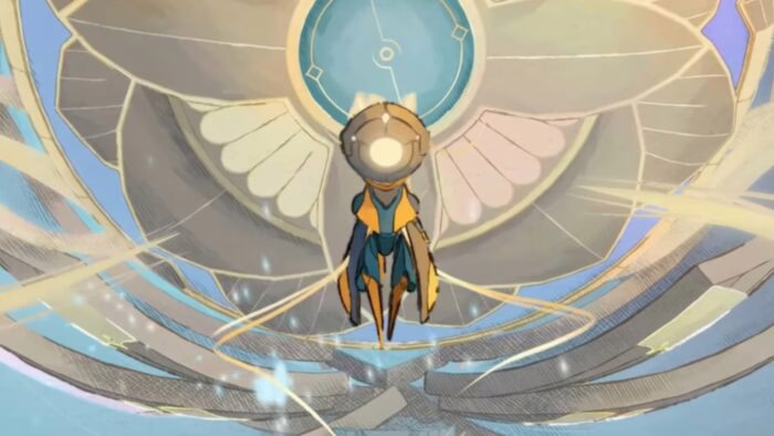 Robot MIO flotando frente a una nave espacial futurista