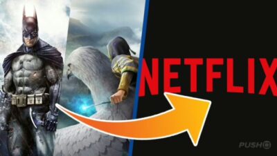 Imagen de Batman y un personaje de videojuego con el logo de Netflix y una flecha
