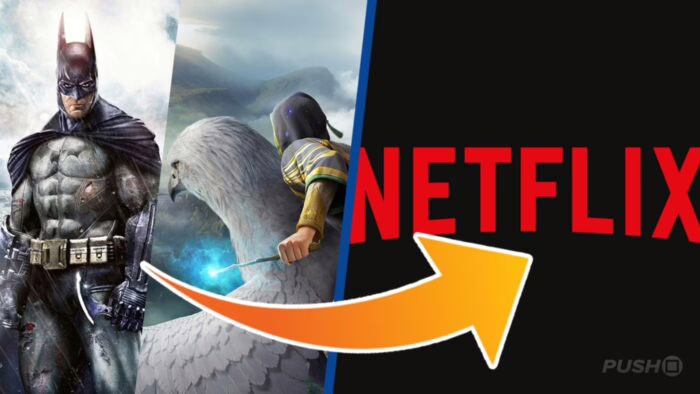 Imagen de Batman y un personaje de videojuego con el logo de Netflix y una flecha