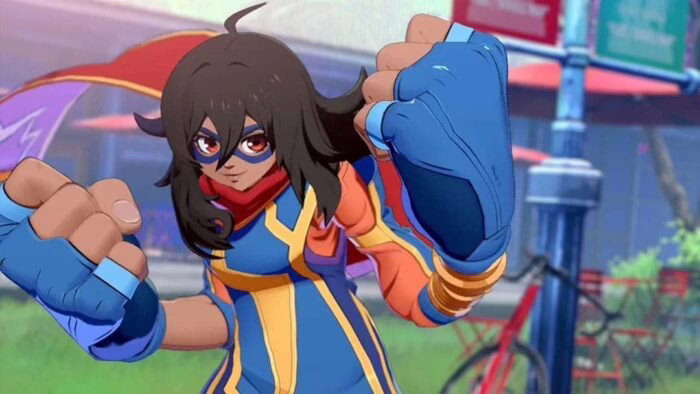 Personaje de anime en pose de combate con guantes azules