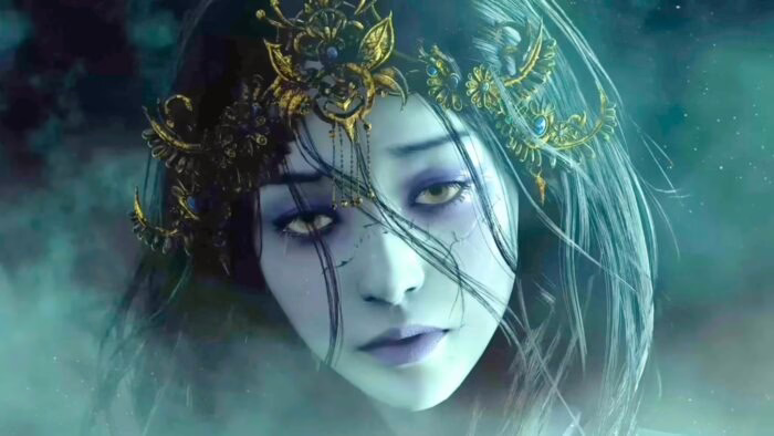 Personaje femenino con corona dorada en ambiente nebuloso