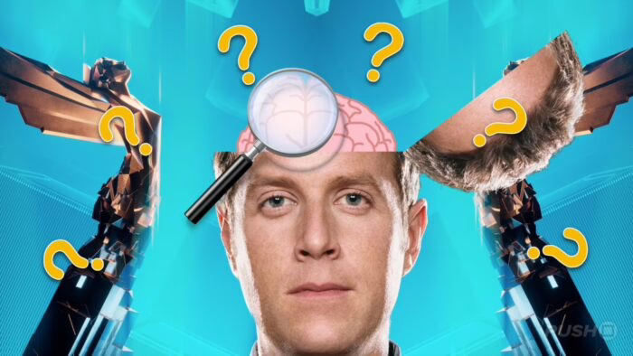 Collage de The Game Awards 2025 con figura central y signos de interrogación