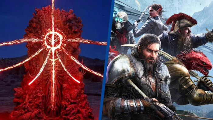 Estatua roja y personajes de RPG de Divinity en un paisaje nevado