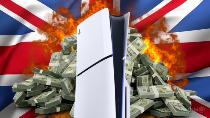 Consola PS5 frente a billetes de dinero con bandera del Reino Unido