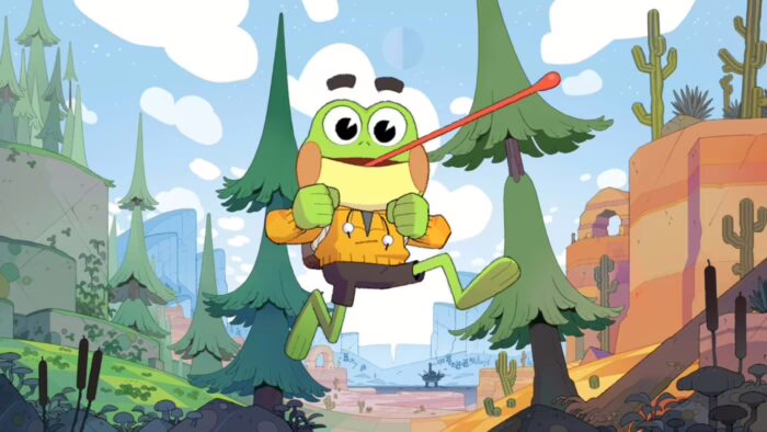 Rana con lengua extendida saltando entre árboles en un bosque colorido