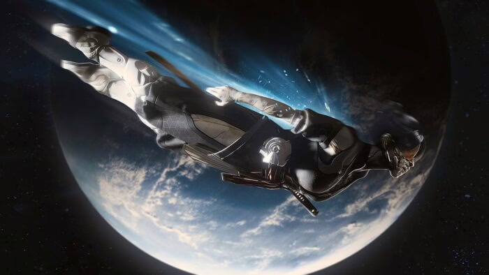Samurái en traje espacial flotando sobre un planeta en SOL Shogunate para PS5