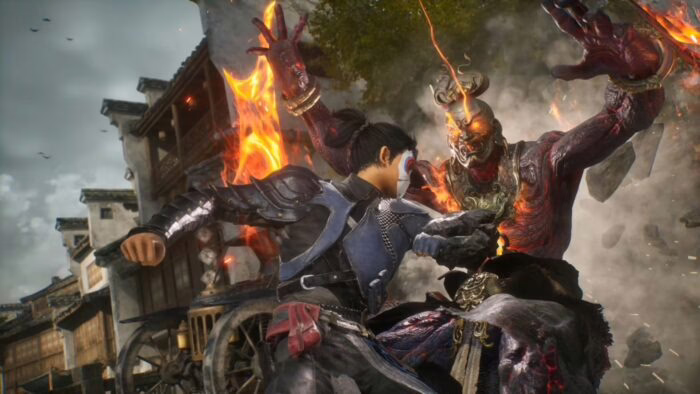 Personaje luchando contra un demonio en un entorno steampunk