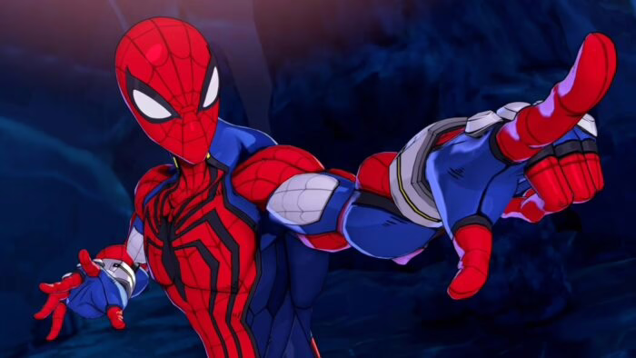 Spider-Man en Marvel Tokon Fighting Souls apuntando con la mano