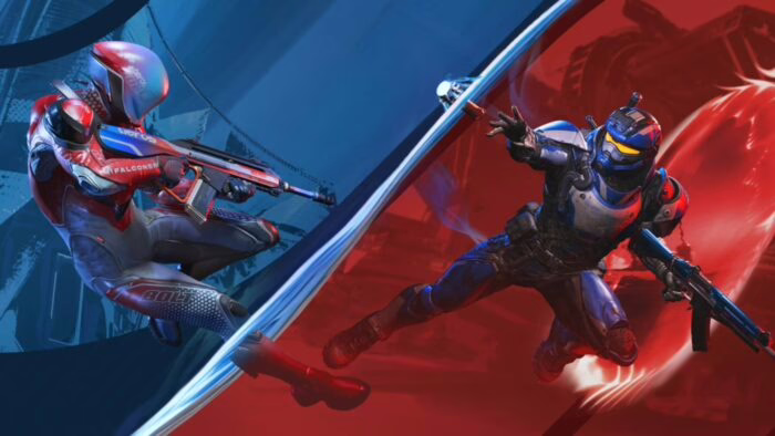 Dos personajes de Splitgate en combate con armas futuristas y portales