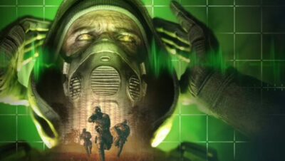 Personaje con máscara de gas y soldados corriendo en un entorno verde