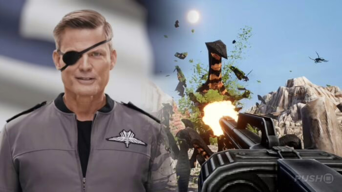 Escena de Starship Troopers con personaje y disparos a insectos gigantes