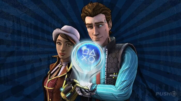 Rhys y Fiona sosteniendo un trofeo de platino de PlayStation en Tales from the Borderlands