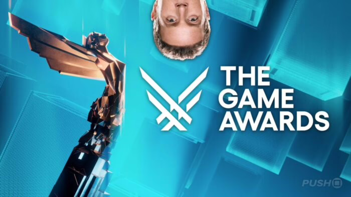 Estatuilla de The Game Awards con fondo azul y logotipo del evento