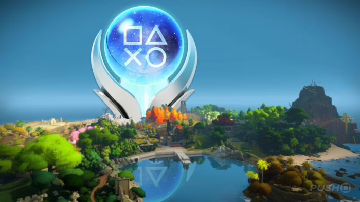 Vista de la isla en The Witness con un trofeo de platino flotante en el cielo.