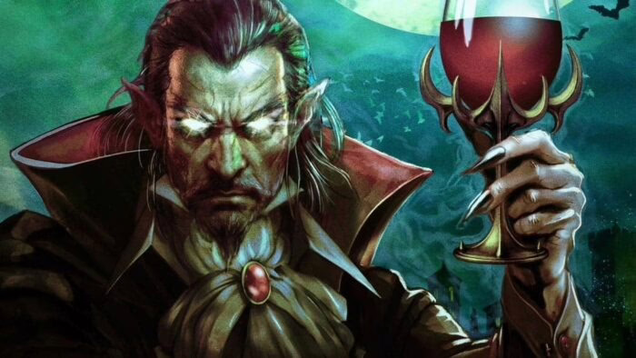 Ilustración de un vampiro sosteniendo una copa de sangre bajo la luna llena